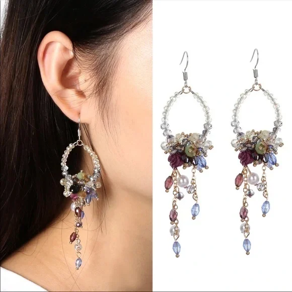 Handmade Bohemian Floral Wedding Earrings - Beaded Chandelier Dangles - Picture 9 of 15